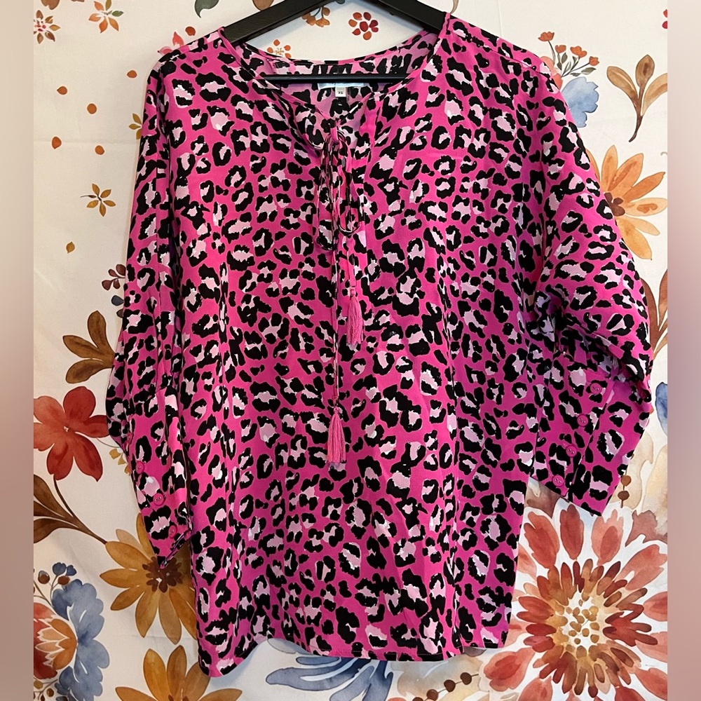 Tyler Boe XS Y2K Coded Leopard 100% Silk Hot Pink Button Cuff Oversized Blouse